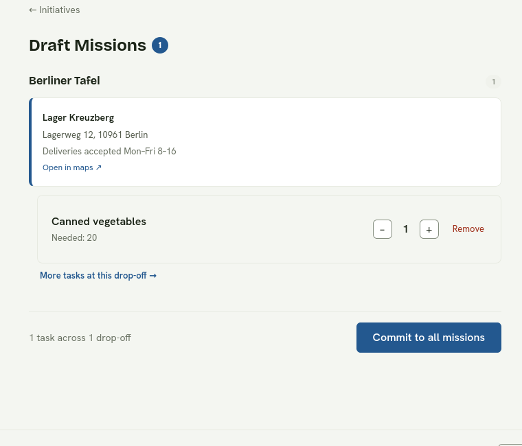 A planned mission grouped at one drop-off point, ready for review and commitment.