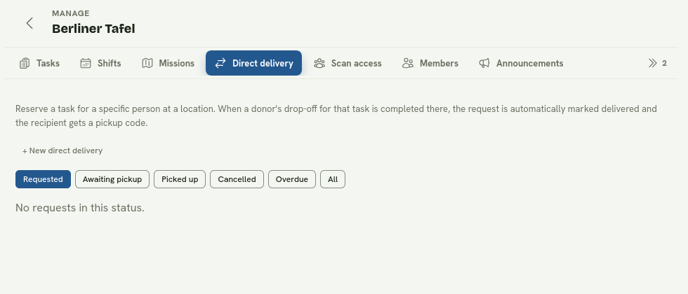 The Direct delivery area with its explanation, new-request action, and lifecycle filters.