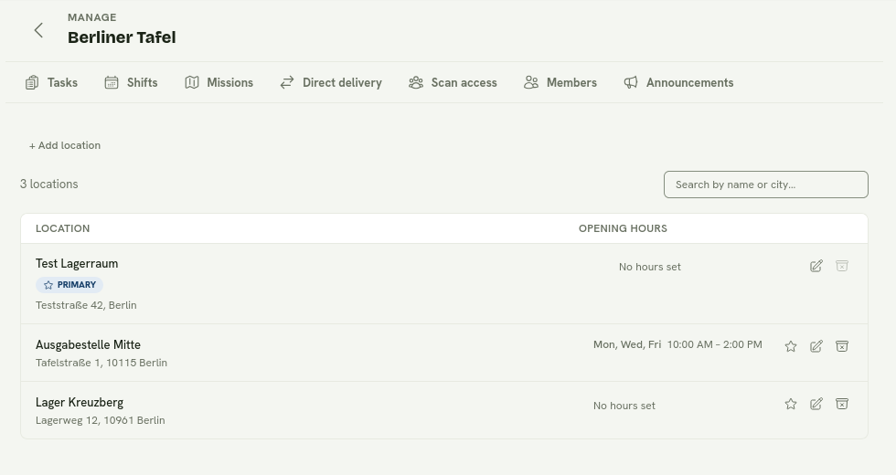 The initiative location overview with the primary location, addresses, opening hours, and edit actions.