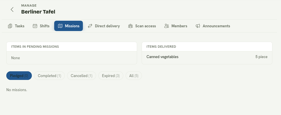 The initiative Missions area with pending and delivered totals plus status filters.