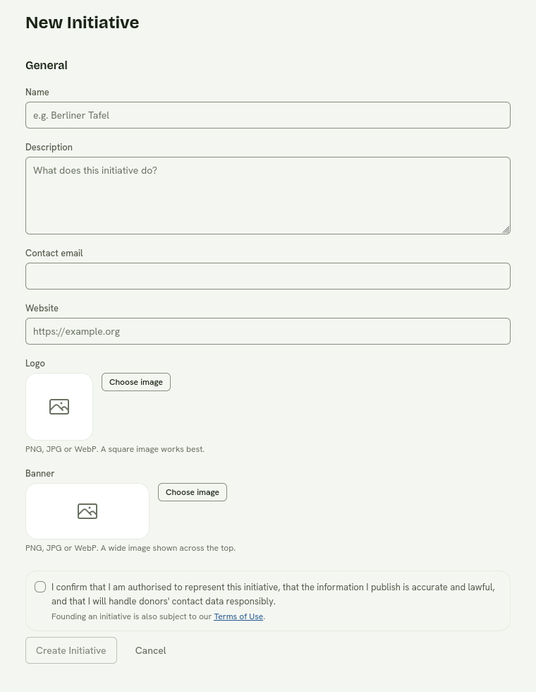 The new initiative form with profile, contact, logo, banner, and responsibility confirmation fields.