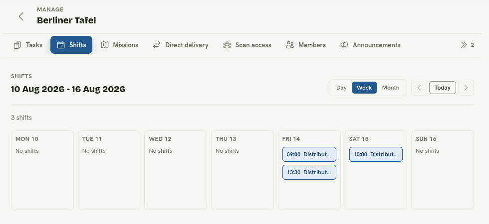 The initiative shift calendar in week view with three scheduled distribution shifts.