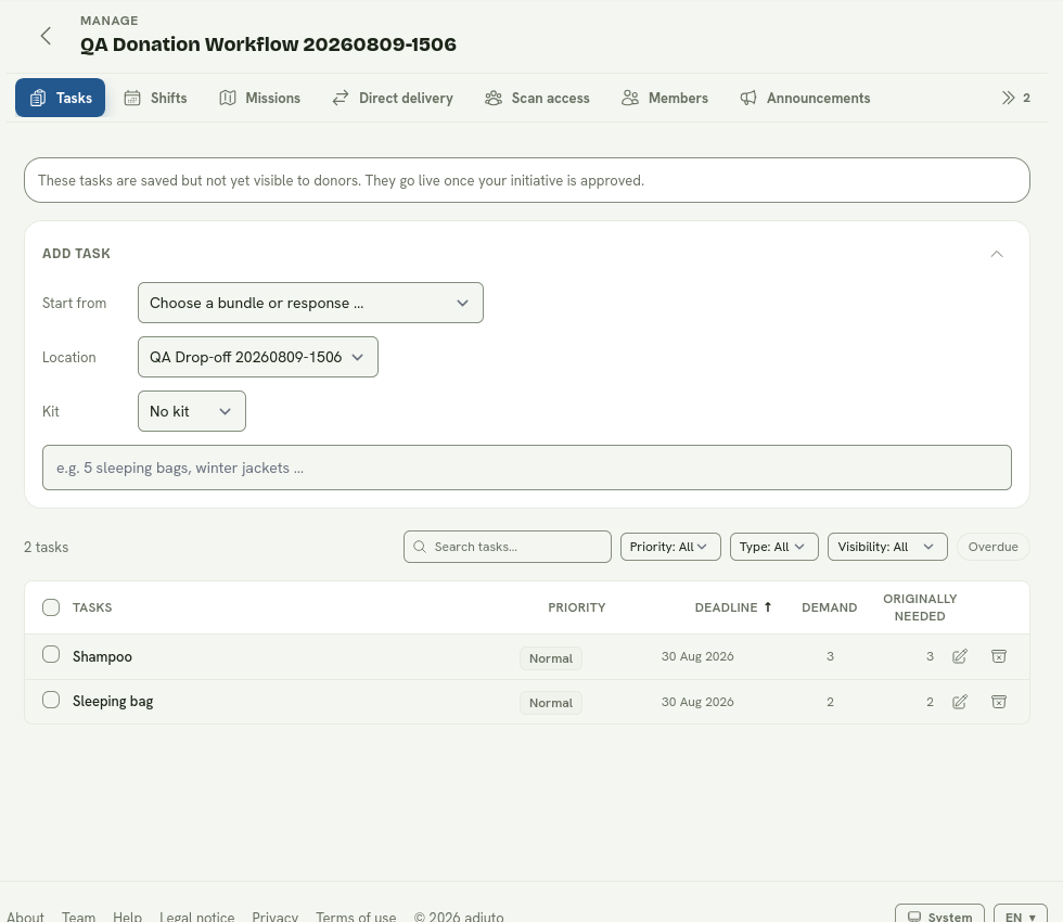 The initiative Tasks area with its add-task panel, location choice, catalogue search, and existing tasks.