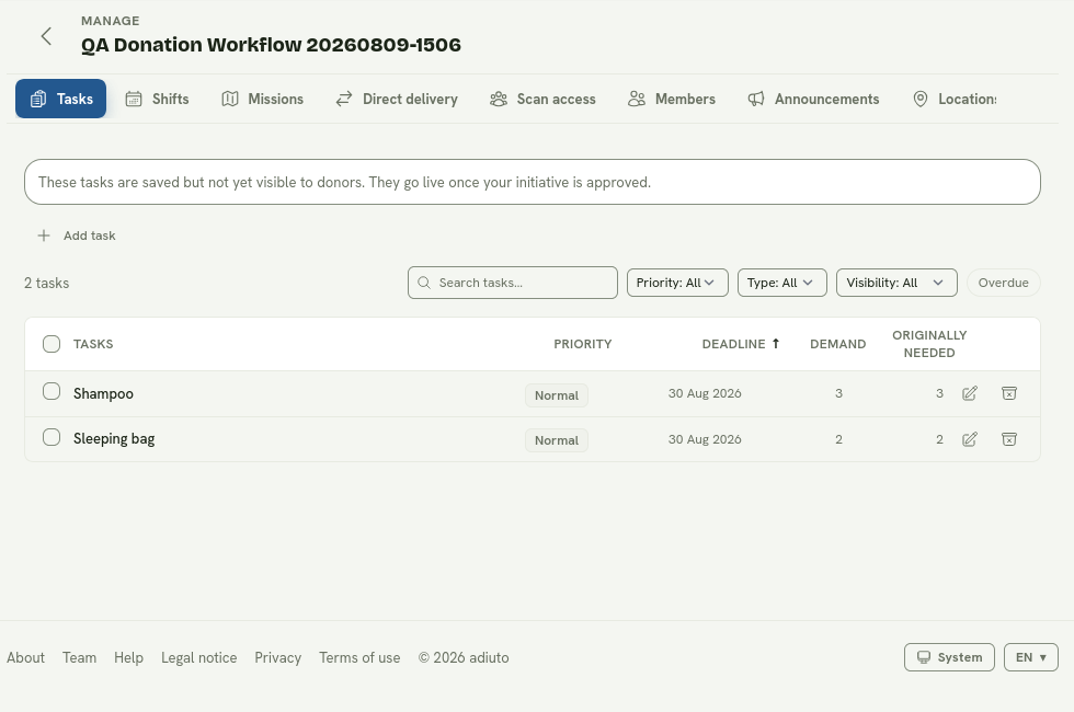 The managed task list with search, filters, priority, deadline, demand, and edit actions.