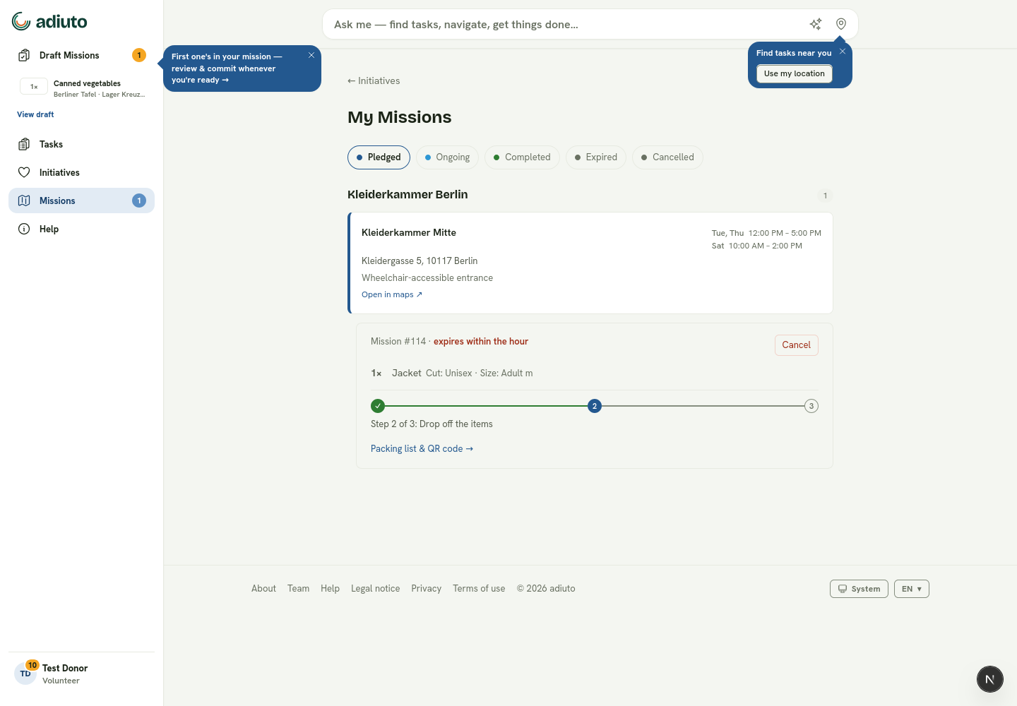 The My Missions view with status filters and a pledged mission ready for handover.