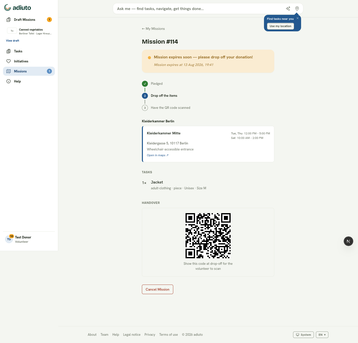 A mission detail showing its progress, drop-off information, task, and handover QR code.