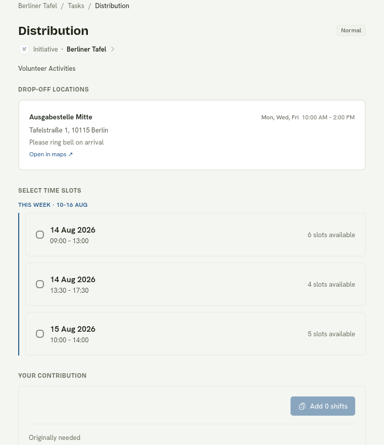 An activity task with three available time slots, their times, locations, and remaining capacity.