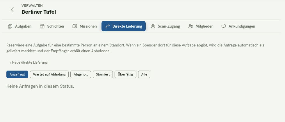 Der Bereich Direkte Lieferung mit Erklärung, Aktion für eine neue Anfrage und Statusfiltern.
