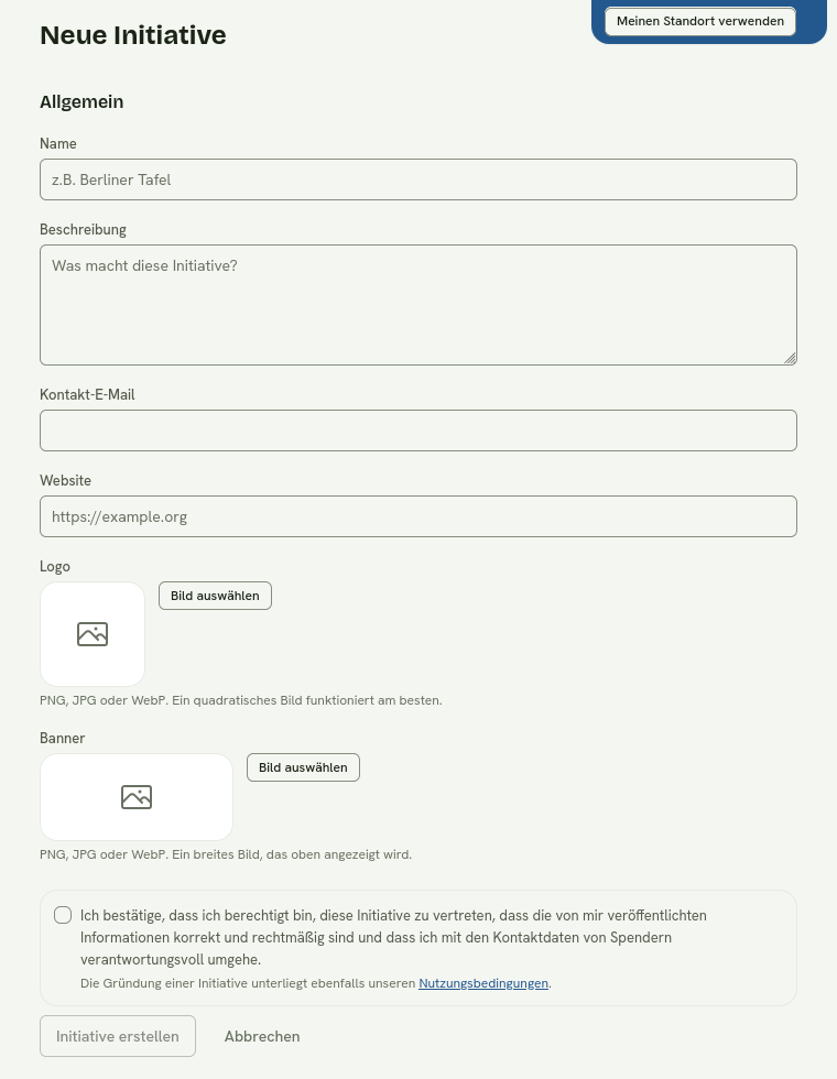 Das Formular für eine neue Initiative mit Profil, Kontakt, Logo, Titelbild und Verantwortungsbestätigung.