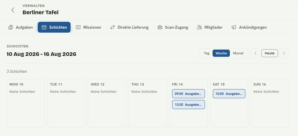 Der Schichtkalender einer Initiative in der Wochenansicht mit drei geplanten Ausgabeschichten.