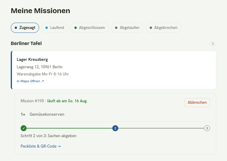 Die Ansicht Meine Missionen mit Statusfiltern und einer zugesagten Mission vor der Übergabe.
