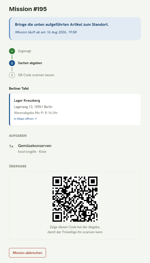 Eine Missionsansicht mit Fortschritt, Abgabeinformationen, Aufgabe und QR-Code für die Übergabe.